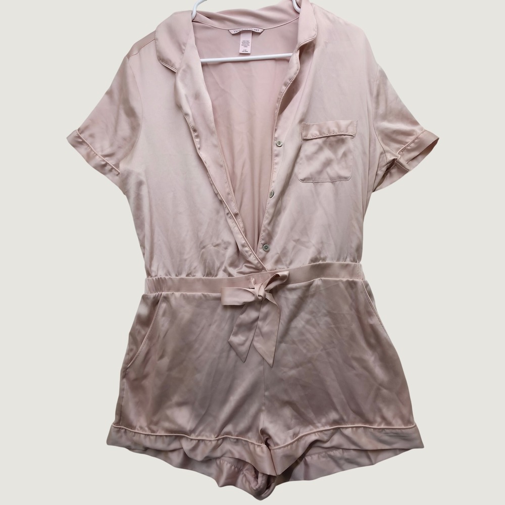 Victoria's Secret Pink Satin Romper Pocket Shorts Romper Pajamas Sleepwear Sz L